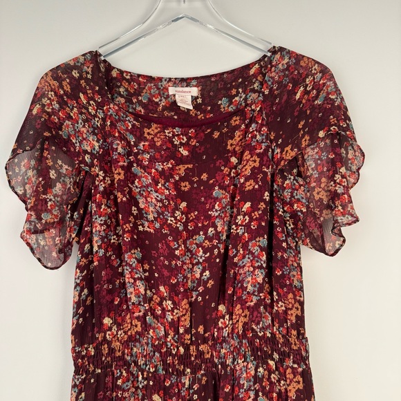 Sundance Dress Midi 100% Silk Floral Burgundy Tulip Sleeve Romantic Boho Size S - Picture 2 of 12